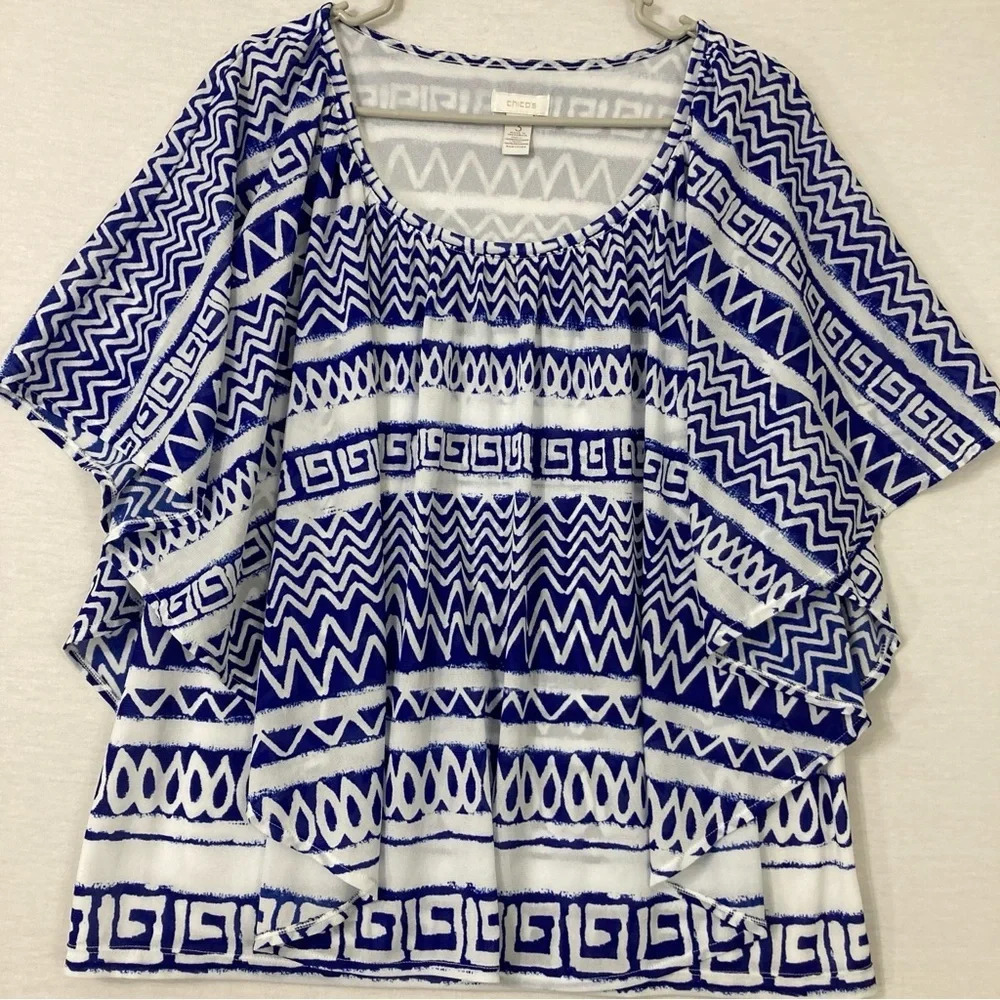 Chico's Blue White Abstract Print Round Neck Mesh‎ Stretch Top XL/3